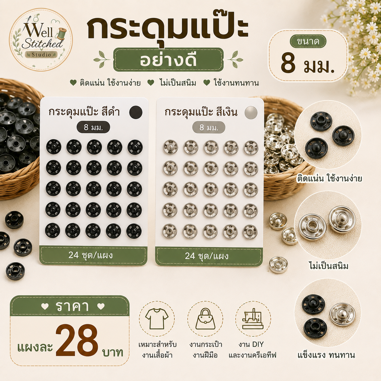 กระดุมแป๊ะ ขนาด 8มม